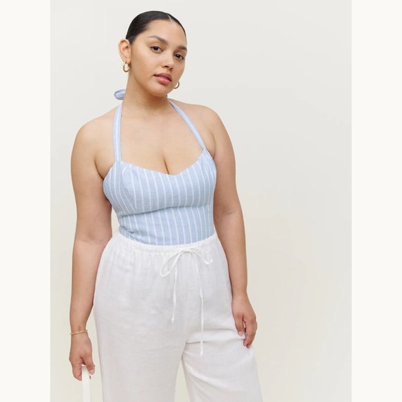 NWT Reformation Jenna Linen Striped Smocked Back Halter Top Blue White Size 12 - Picture 1 of 11